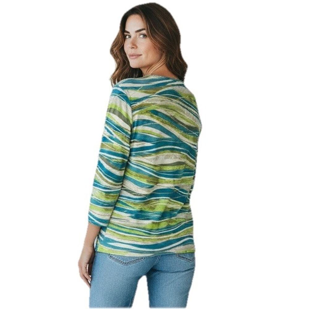 Ruby Rd Women Teal Gold Abstract VNeck Quarter Sleeve Beaded Trim Blouse SIZE 3X